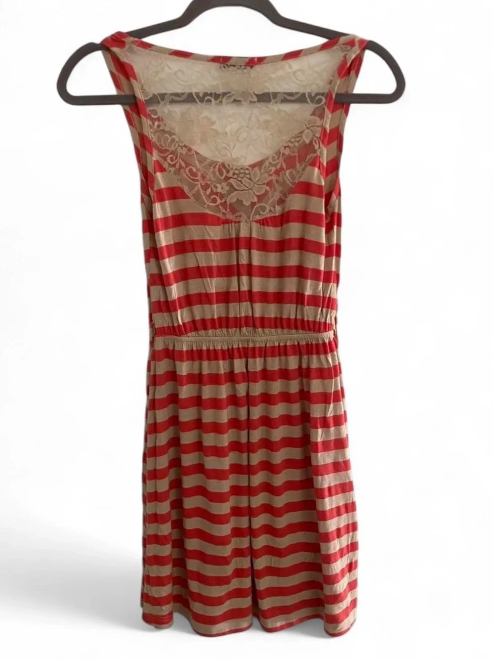 Y2K EDGE ORANGE RED CREAM STRIPED SLEEVELESS LACE MINI DRESS ELASTIC WAIST SMALL - Picture 2 of 3